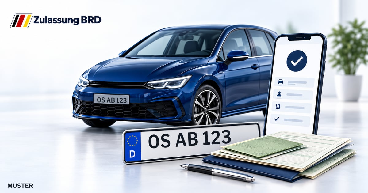 Online Fahrzeugzulassung in Hilter am Teutoburger Wald: Musterkennzeichen OS AB 123, Auto und Fahrzeugpapiere und Smartphone. Illustration mit Logo von Zulassung BRD.